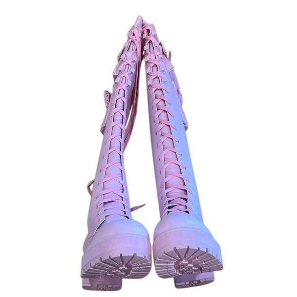 Current Mood Pink Knee High Obsidian Combat Boots - Picture 5 of 7